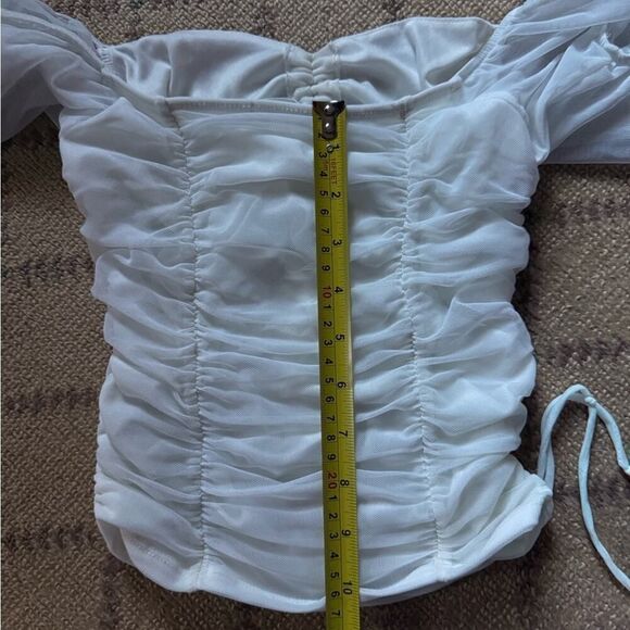 Emory Park white off the shoulder ruched bodycon top with puff sleeves S - Picture 5 of 11